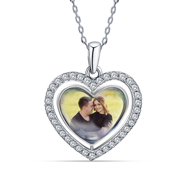925 Sterling Silver Personalised Double Sided Picture Rotating Custom Photo Heart Shape Transparent Resin Pendant Necklace with Personalised Photo & Message BOX for Teen Women