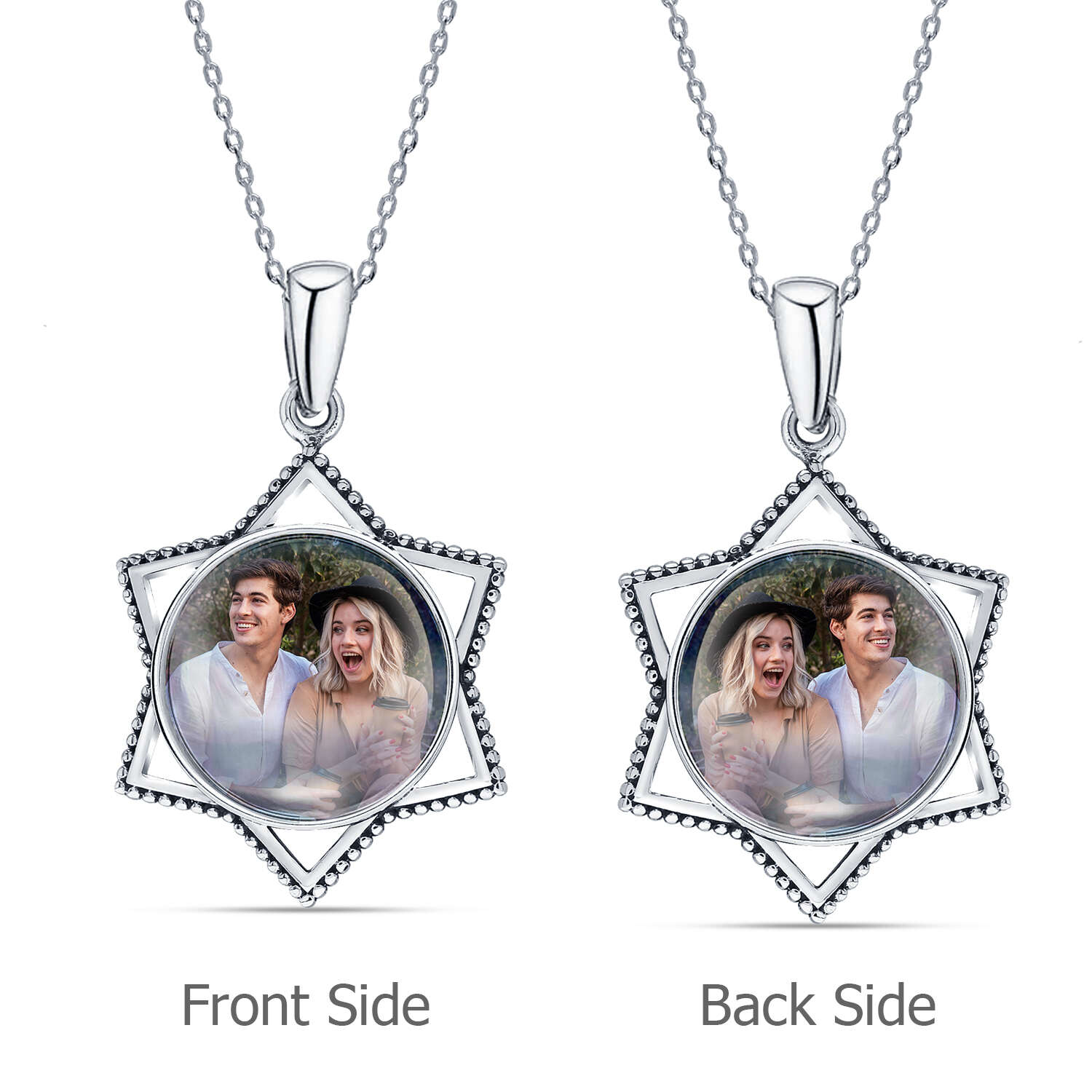 925 Sterling Silver Personalised Round Star Shape Photo Custom Double Sided Picture Transparent Resin Pendant Necklace with Personalised Photo & Message BOX for Teen Women