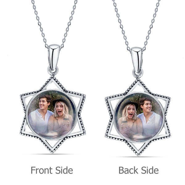 925 Sterling Silver Personalised Round Star Shape Photo Custom Double Sided Picture Transparent Resin Pendant Necklace with Personalised Photo & Message BOX for Teen Women