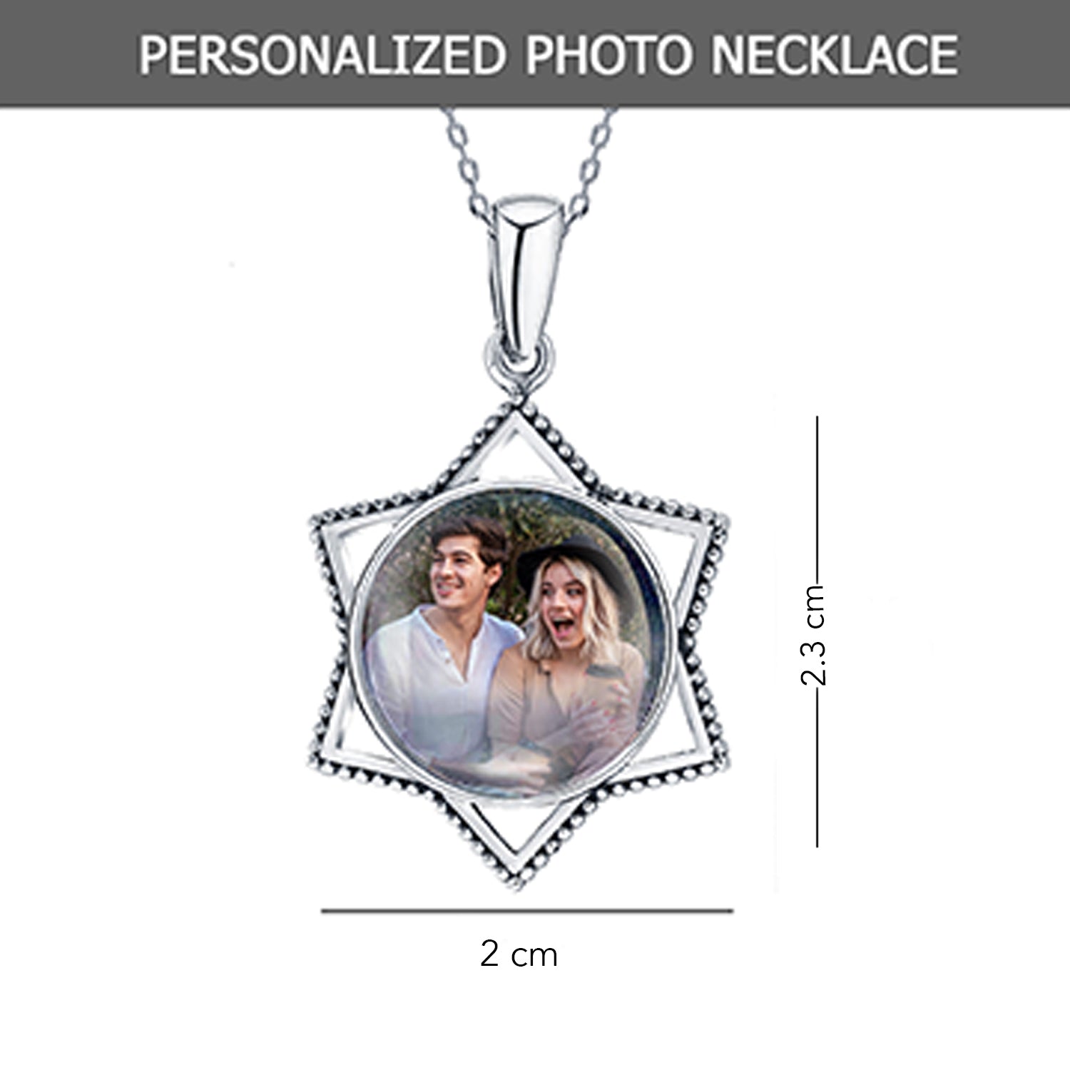 925 Sterling Silver Personalised Round Star Shape Photo Custom Double Sided Picture Transparent Resin Pendant Necklace with Personalised Photo & Message BOX for Teen Women