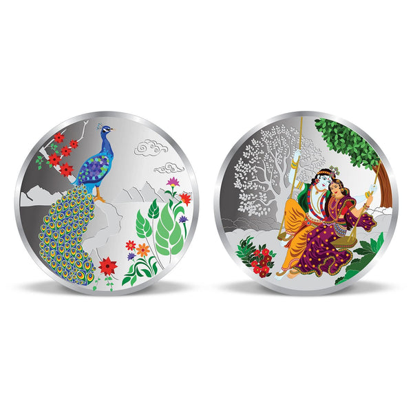 BIS Hallmarked Radha Krishna Colourful Peacock Silver Coin 999 Pure