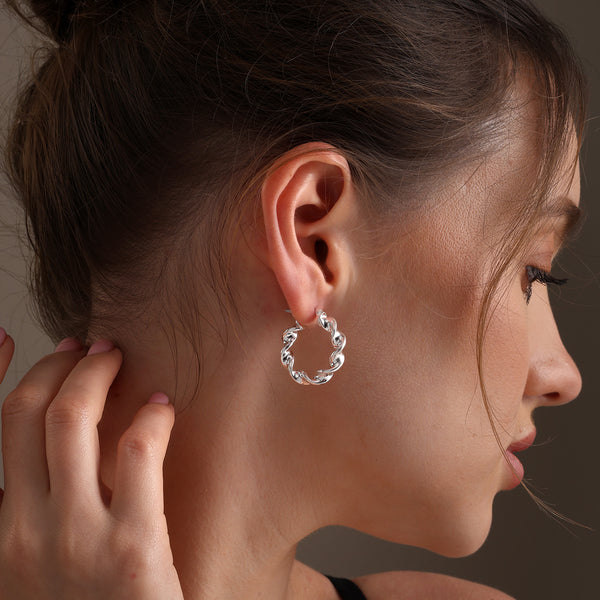 925 Sterling Silver Twisted Rope Round Shape Click-Top Hoop Earrings for Women