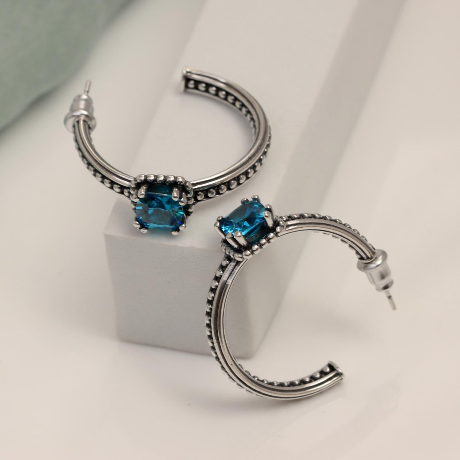 925 Sterling Silver Italian Design CZ Blue Topaz C Hoop Earrings for Women