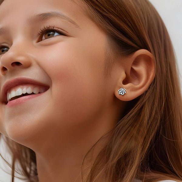 925 Sterling Silver Rhodium Plated Cubic Zirconia Flower Shape Small Stud Earrings for 4 and 15 Years Children | Gifts for Kids