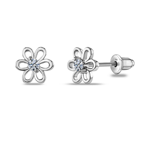 925 Sterling Silver Rhodium Plated Cubic Zirconia Flower Shape Small Stud Earrings for 4 and 15 Years Children | Gifts for Kids