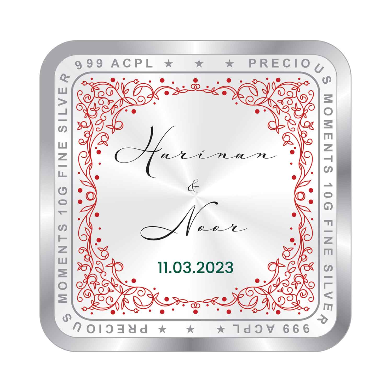 BIS Hallmarked Personalised Newly Married Anniversary Beautiful Square 999 Pure Silver Coin