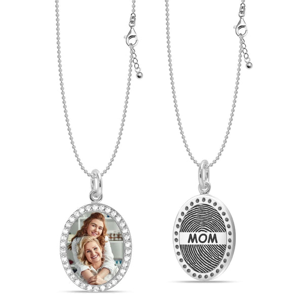 Personalised 925 Sterling Silver Engraved Text With Finger Print on Back Custom Photo on Front CZ Frame Oval Pendant Memorial Thumb Print Necklace for Women Teen