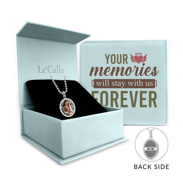 Personalised 925 Sterling Silver Engraved Text With Finger Print on Back Custom Photo on Front CZ Frame Oval Pendant Memorial Thumb Print Necklace with Personalised Message BOX for Women Teen