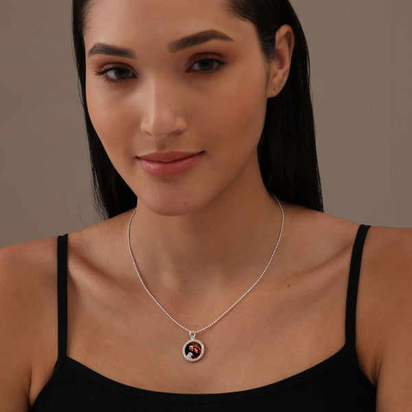 Personalised 925 Sterling Silver Engraved Text Love Infinity on Back With Custom Photo on Front CZ Frame Round Pendant Necklace for Girls and Women