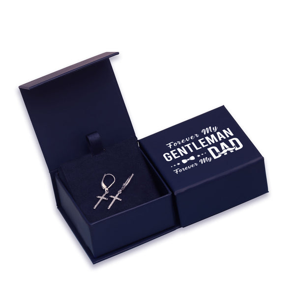 925 Sterling Silver Leverback Dangle Drop CZ Cross Earrings With Gift Box for Men
