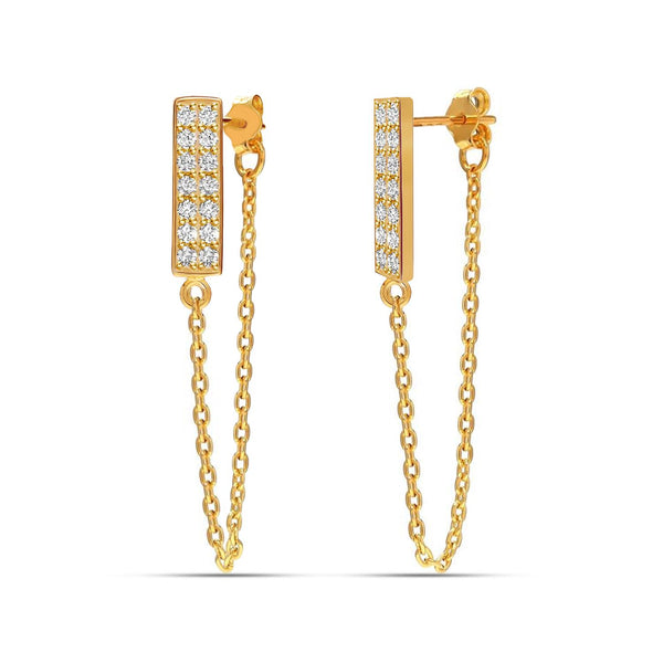 925 Sterling Silver CZ Long 14K Gold-Plated Handmade Bar Tassel Pave Stick and Chain Drop Dangle Earrings for Women