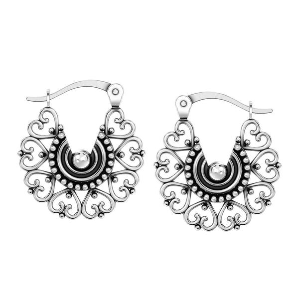 925 Sterling Silver Antique Bohemian Boho Filigree Flower Design Hoop Earrings for Women
