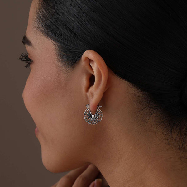 925 Sterling Silver Antique Bohemian Boho Filigree Flower Design Hoop Earrings for Women