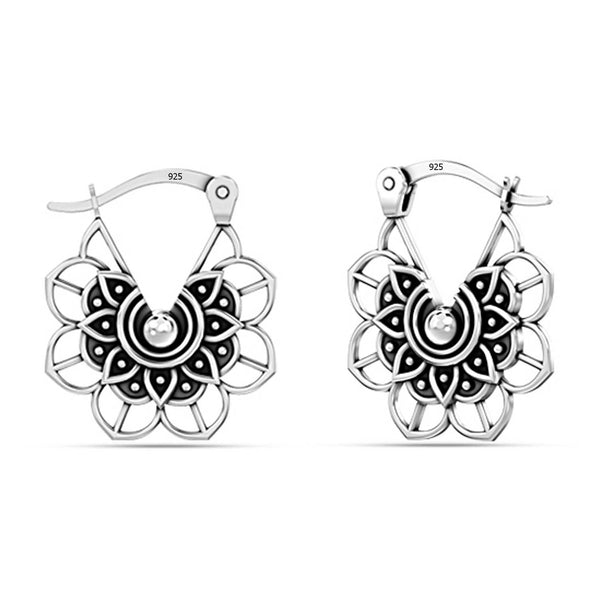 925 Sterling Silver Antique Bohemian Boho Filigree Heart Design Vintage Hoop Earrings for Women