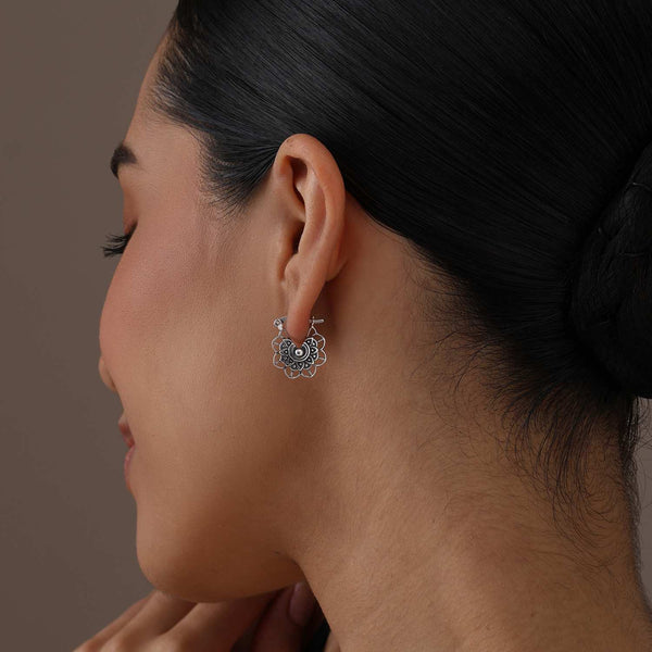 925 Sterling Silver Antique Bohemian Boho Filigree Heart Design Vintage Hoop Earrings for Women