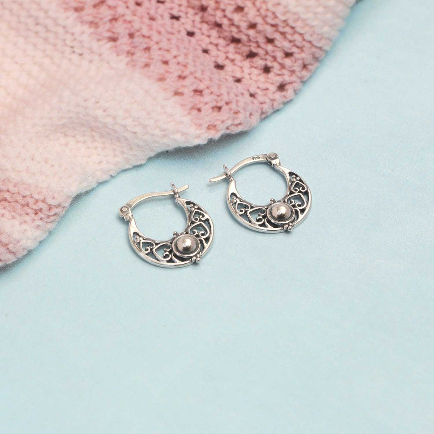 925 Sterling Silver Antique Bohemian Boho Intricate Cutout Design Vintage Small Hoop Earrings for Women