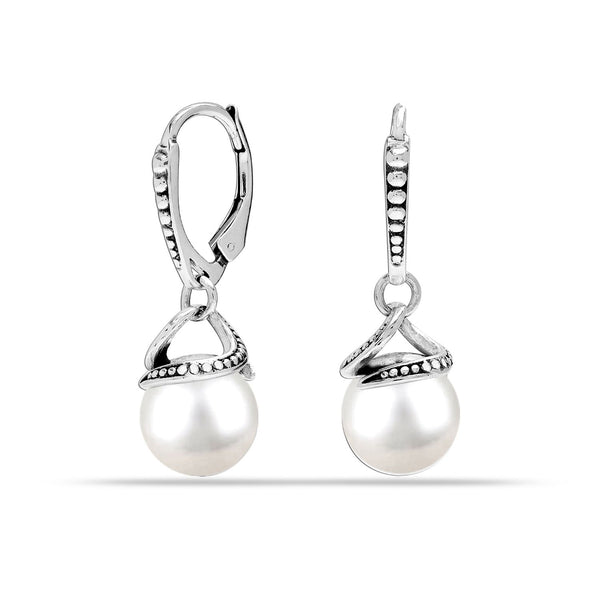 925 Sterling Silver Simulated Shell Pearl Leverback Dangle Earrings for Women & Girls