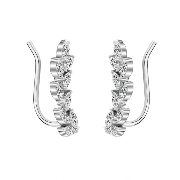 925 Sterling Silver Rhodium Plated Crystal Leaf Ear Climber Crawler Earrings for Women