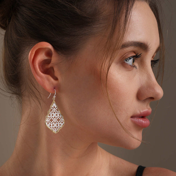 925 Sterling Silve 14K Gold-Plated Two-Tone Boho Quatrefoil Shape Filigree Teardrop Drop Dangle Earrings for Women