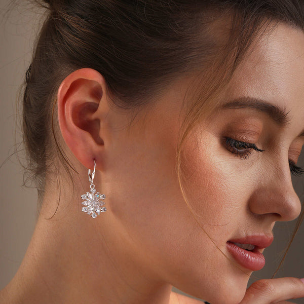 925 Sterling Silve Cubic Zircon Snowflake Leverback Drop Dangle Earrings for Women