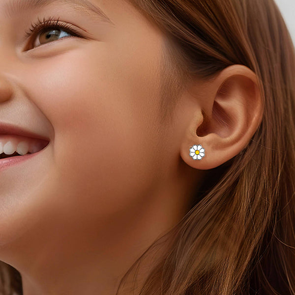925 Sterling Silver Rhodium Plated Enamel Daisy Flower Stud Earrings for 4 and 15 Years Children | Gifts for Kids