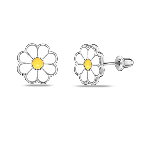 925 Sterling Silver Rhodium Plated Enamel Daisy Flower Stud Earrings for 4 and 15 Years Children | Gifts for Kids