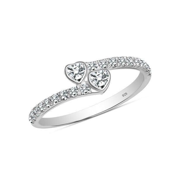 925 Sterling Silver Rhodium Plated Heart Ring for Women Two Sparkling Hearts CZ Rings for Her