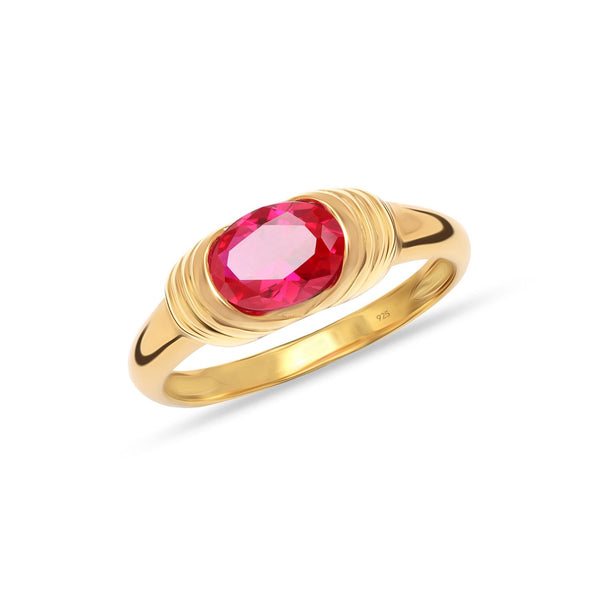 925 Sterling Silver 14K Gold Plated Oval Ruby Gemstone Birthstone Ring for Women