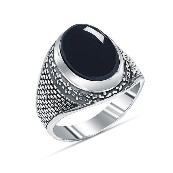 925 Sterling Silver Antique Textured Oval Shaped Black Onyx Stone Signet Ring for Men