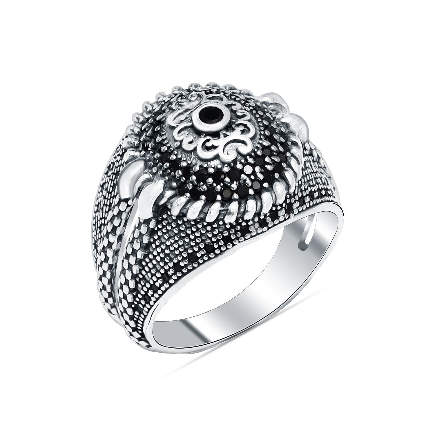 925 Sterling Silver Vintage Handmade CZ Stone Studded Ring with Black Zircon stone For Men