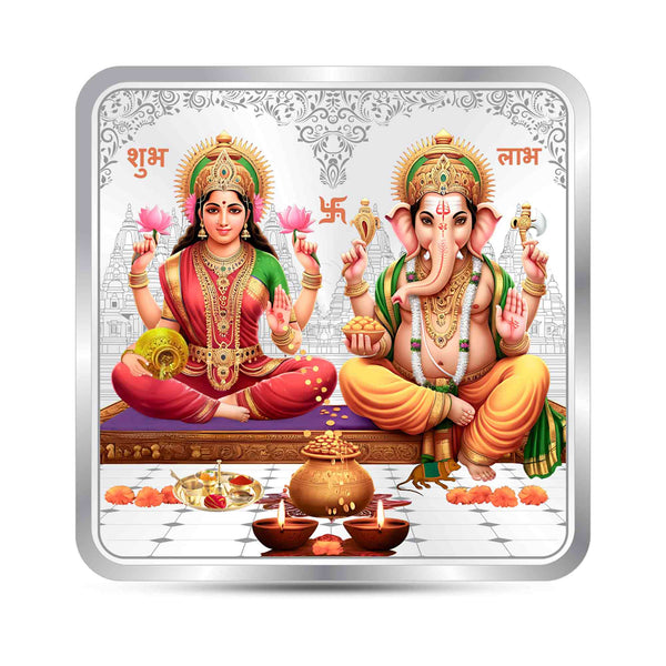 BIS Hallmarked Laxmi Ganesh Square Silver Coin With 999 Purity