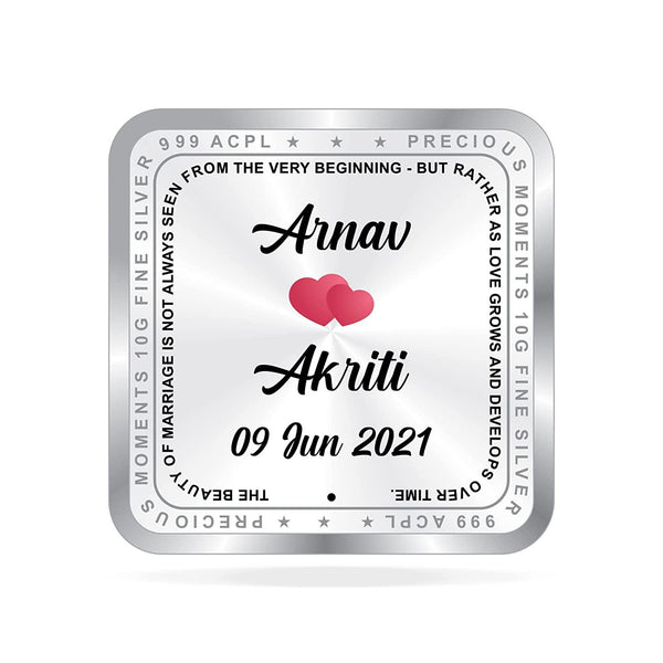 BIS Hallmarked Newly Married Personalised Silver Square Coin (999 Purity)