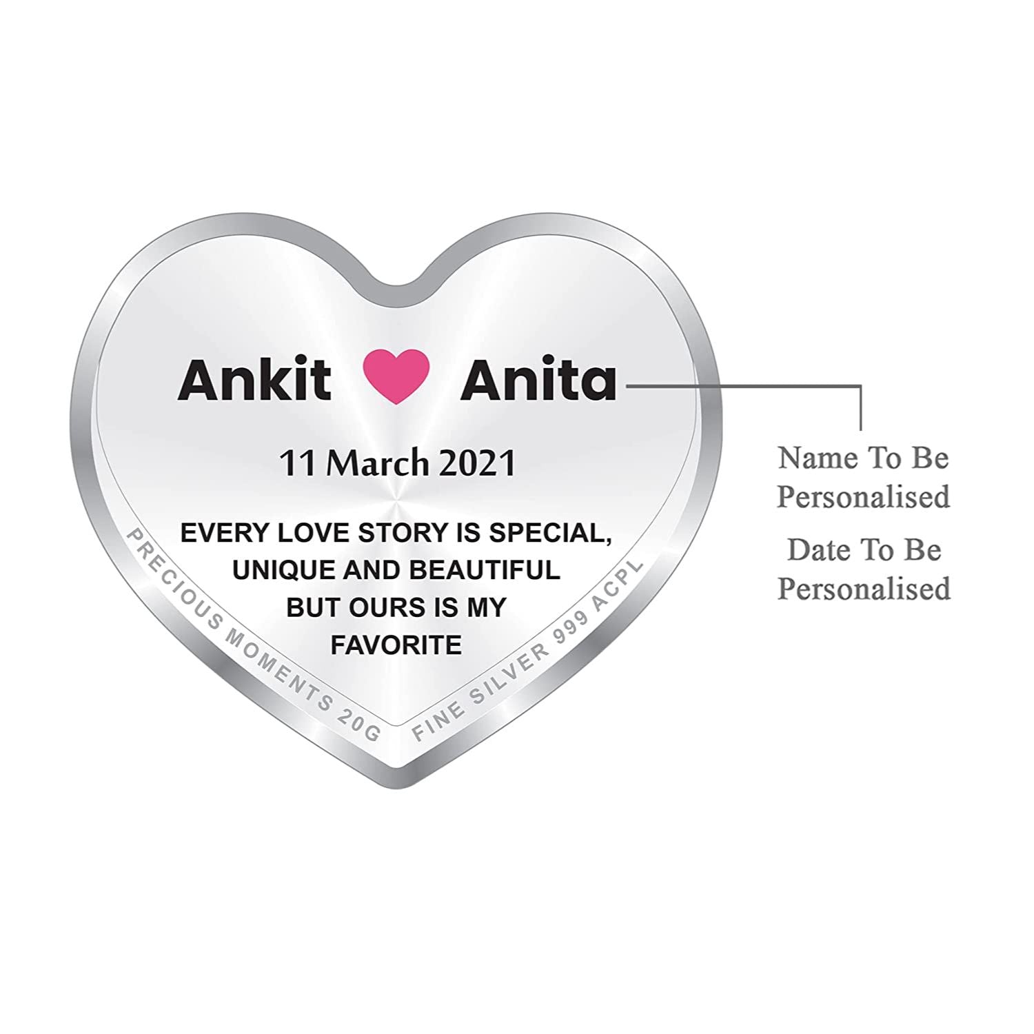 BIS Hallmarked Personalised Newly Married Heart Silver Coin 999 Pure