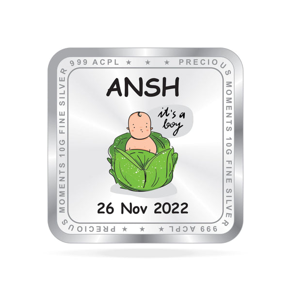 BIS Hallmarked Personalised New Born Baby Boy Silver Square Coin (999 Purity)