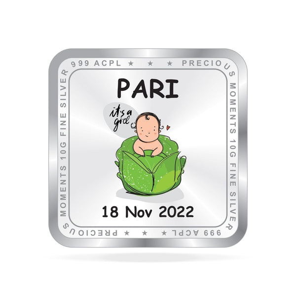 BIS Hallmarked Personalised New Born Baby Girl Silver Square Coin (999 purity)