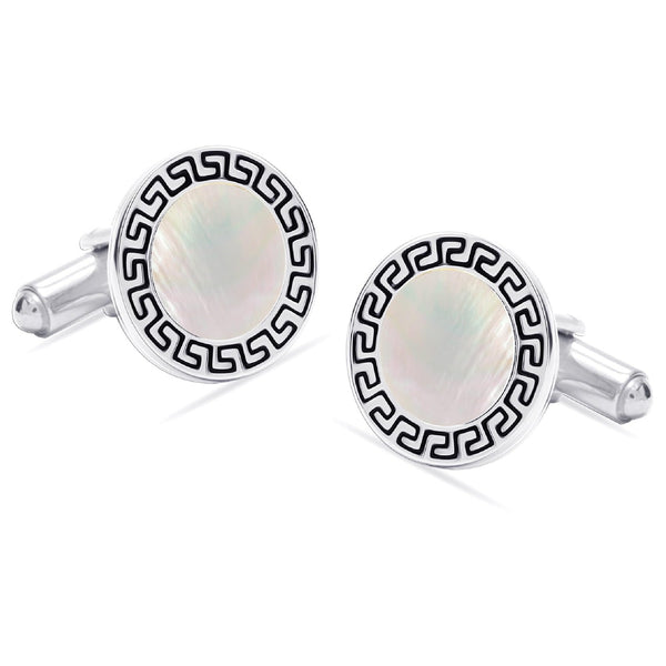 925 Sterling Silver Mother of Pearl Greek Key Cufflinks for Dad, Grand-Father, Men