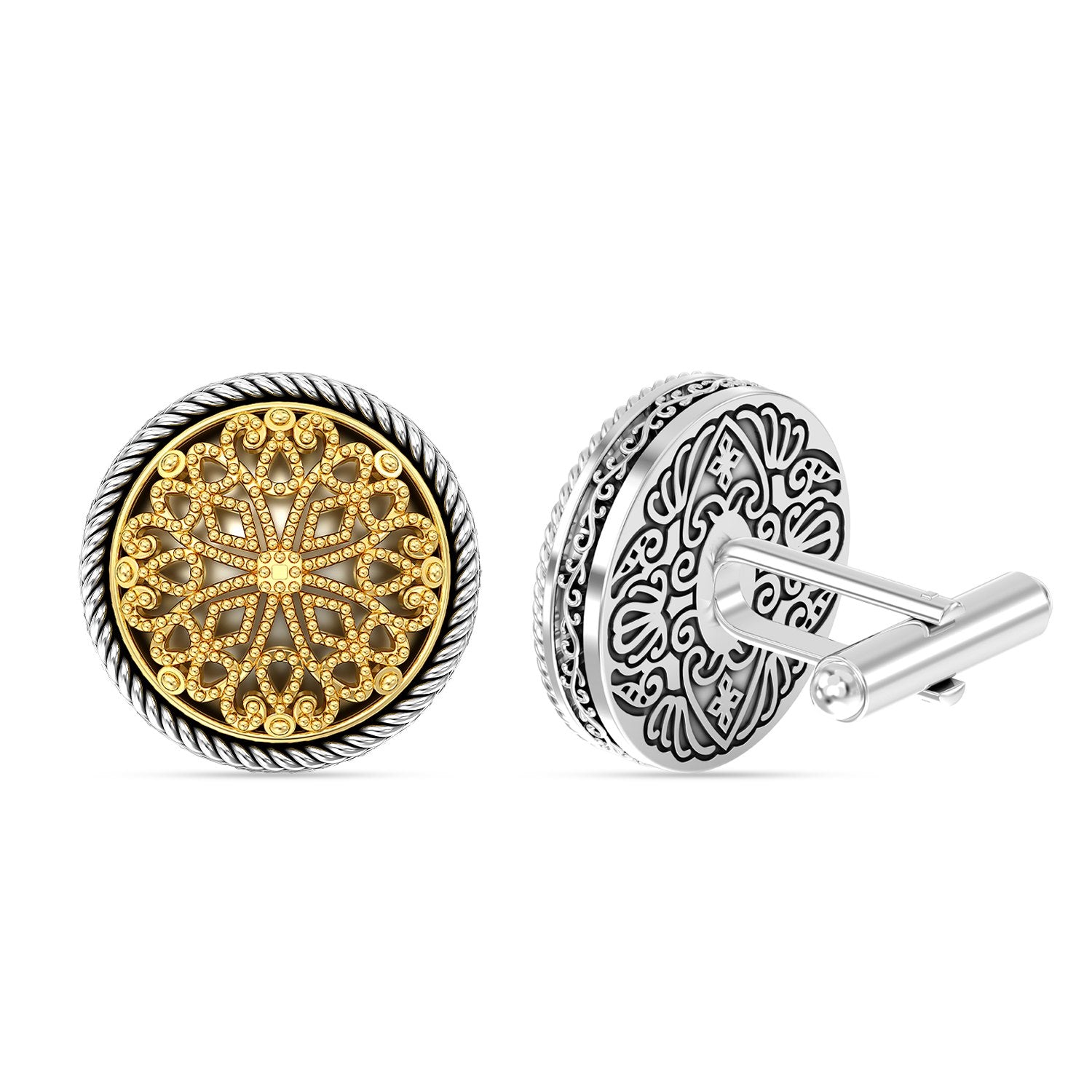 925 Sterling Silver 14K Gold-Plated Two-Tone Vintage Flower Pattern Cufflinks For Man