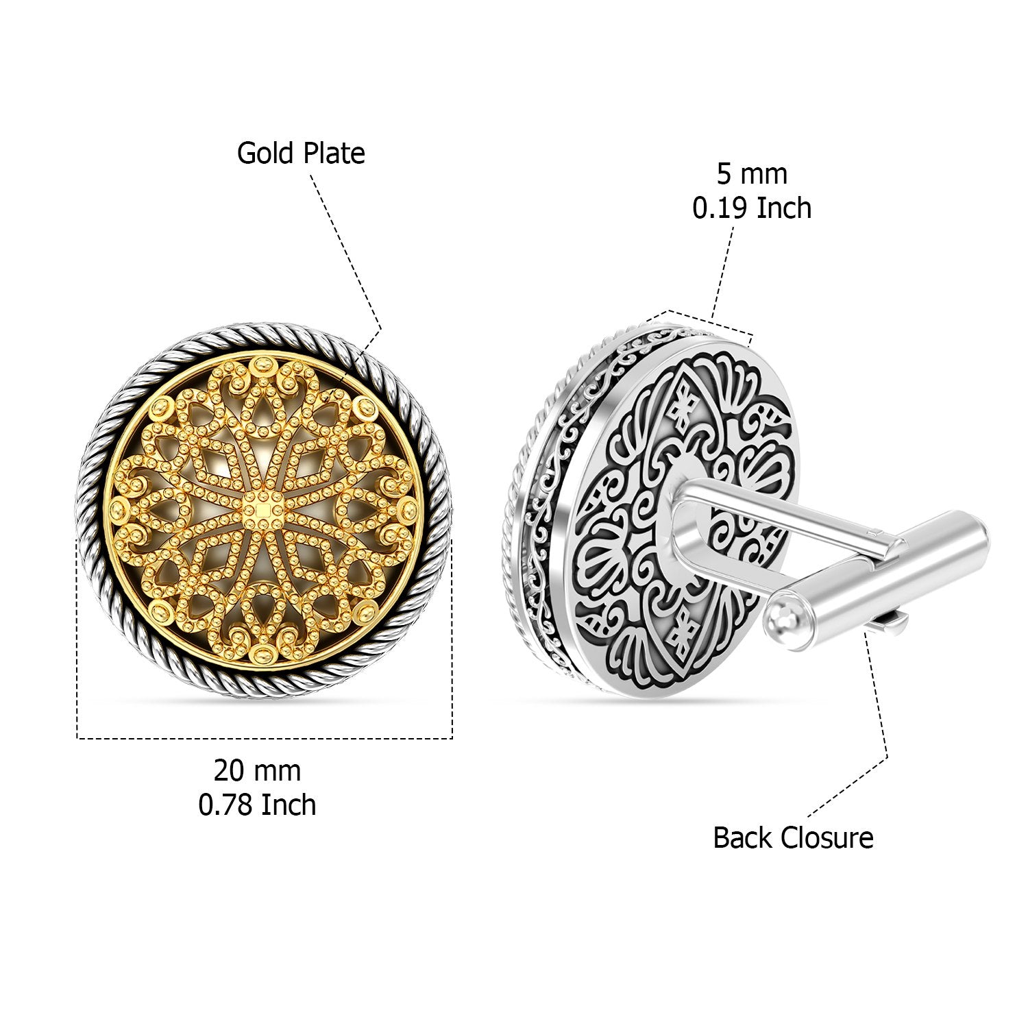 925 Sterling Silver 14K Gold-Plated Two-Tone Vintage Flower Pattern Cufflinks For Man