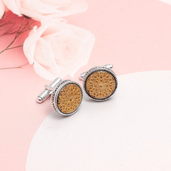 925 Sterling Silver 14K Gold-Plated Two-Tone Vintage Flower Pattern Cufflinks For Man