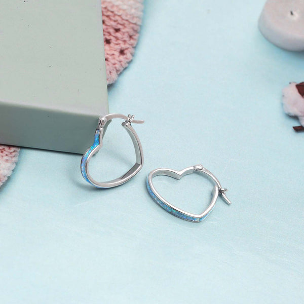 925 Sterling Silver Opal Love Theme Heart Shaped Hoop Earrings for Women