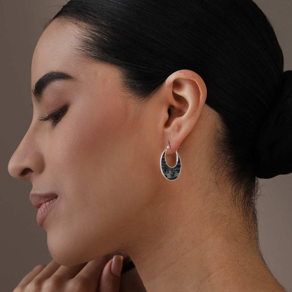 925 Sterling Silver Abalone Shell Gemstone Bali Dangling Hoop Earrings for Women