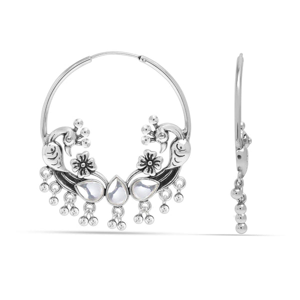 925 Sterling Silver Oxidized Peacock Polki Chandbali Hoop Earrings for Women and Girls