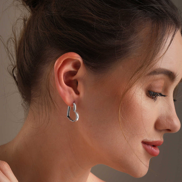 925 Steling Silver Antique Beaded Love Heart Shaped Huggie Hoop Earrings for Women