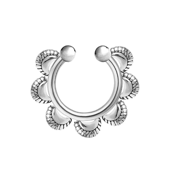 925 Sterling Silver Engraved Moon Motif Design Clip-On Septum Nose Pin for Women