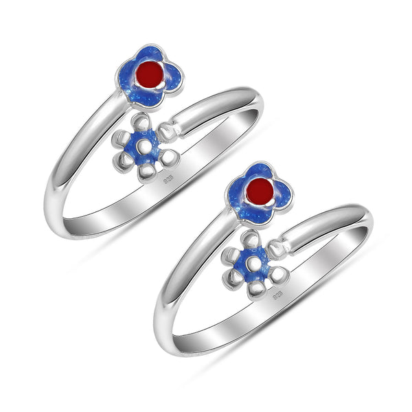 925 Sterling Silver Enamel Flower Design Adjustable Toe Ring for Women