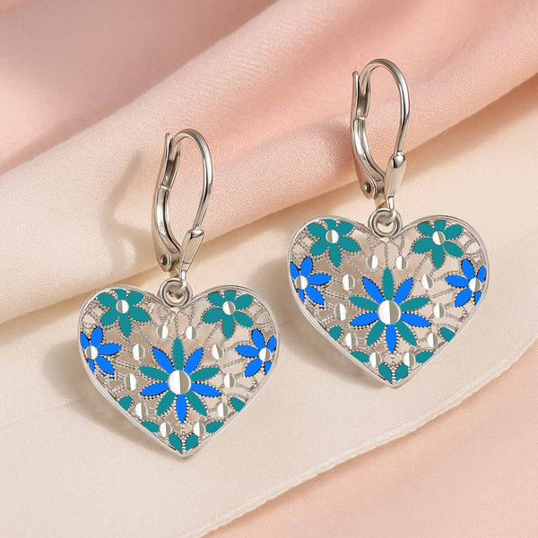 925 Sterling Silver Diamond-Cut Filigree Heart Shaped Enamel Drop Dangle Earrings For Women