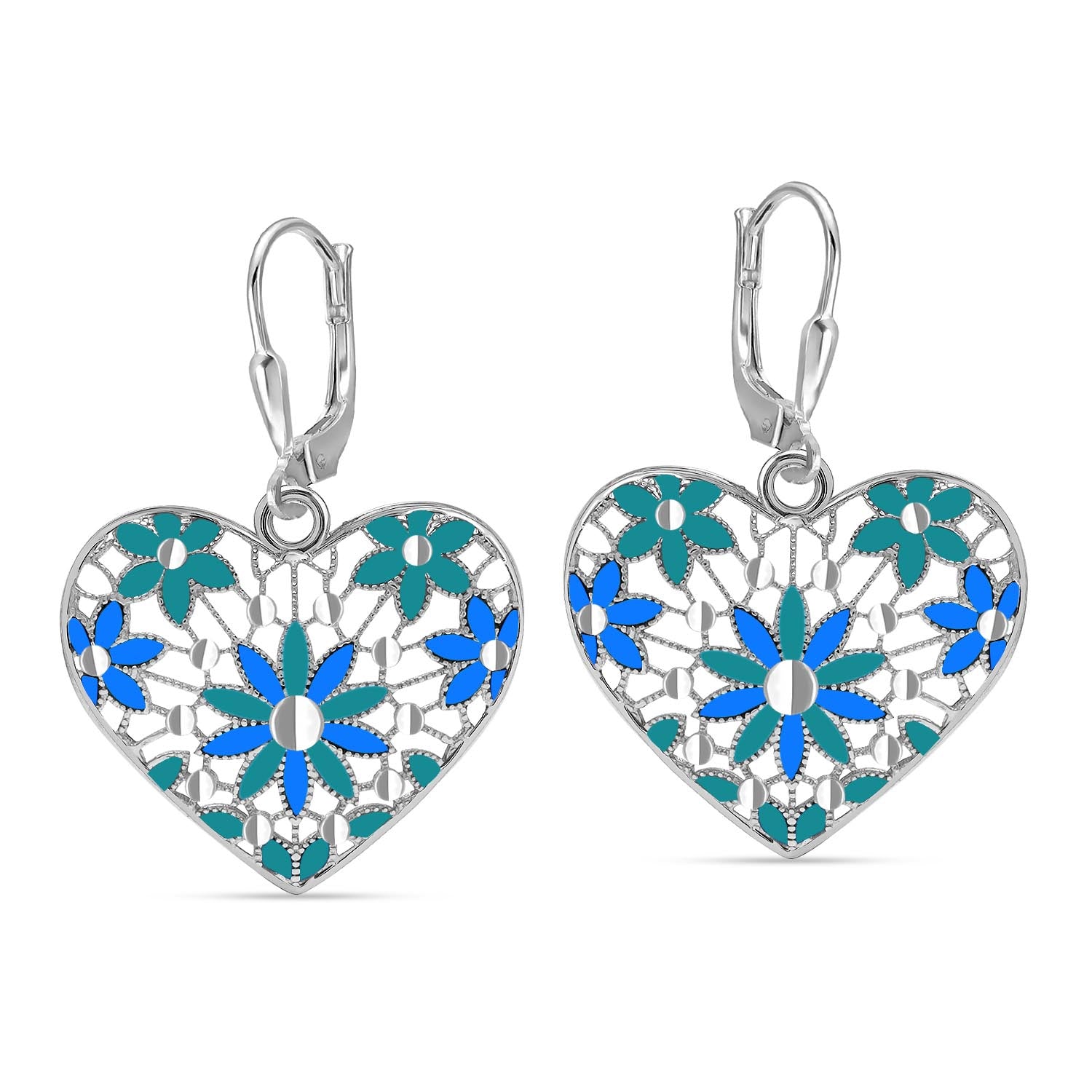 925 Sterling Silver Diamond-Cut Filigree Heart Shaped Enamel Drop Dangle Earrings For Women