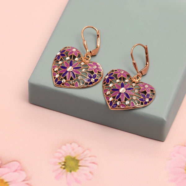 925 Sterling Silver Diamond-Cut Filigree Heart Shaped Enamel Drop Dangle Earrings For Women