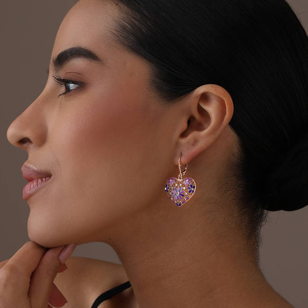 925 Sterling Silver Diamond-Cut Filigree Heart Shaped Enamel Drop Dangle Earrings For Women