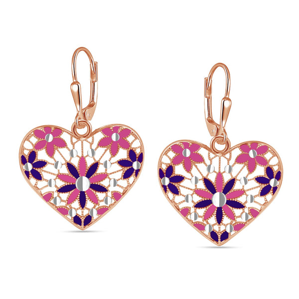 925 Sterling Silver Diamond-Cut Filigree Heart Shaped Enamel Drop Dangle Earrings For Women